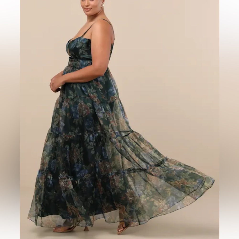 Tiered Floral Spaghetti Strap Maxi Dress in Dark Green